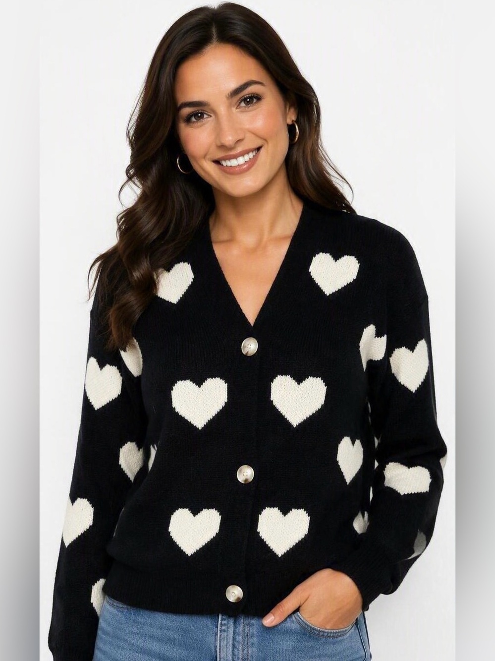 Black Heart Pattern Button-Front Women's Sweater